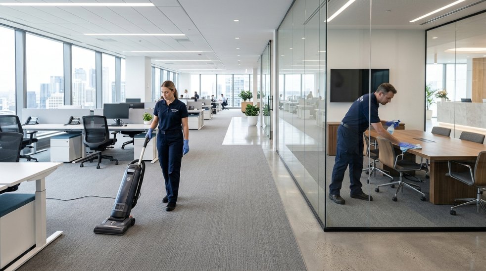 Commercial cleaning staff vacuuming and sanitizing a modern office and conference room
