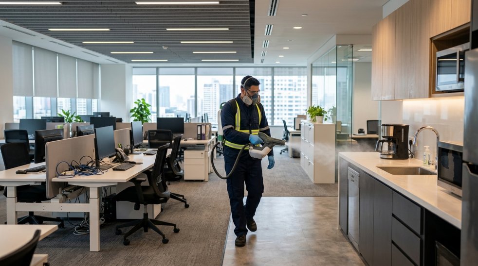 Worker disinfecting office kitchen and desks with sprayer in a modern open-plan workplace