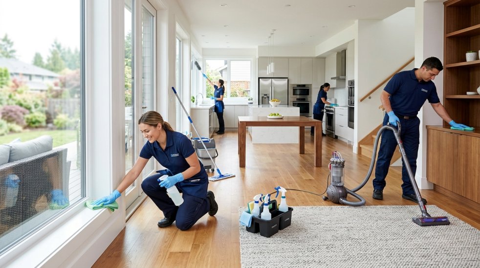 Professional cleaners deep cleaning a modern home, wiping windows, vacuuming carpet, and sanitizing kitchen surfaces